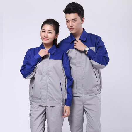 艳蓝配浅灰涤棉纱卡机械加工工作服AC072-JX